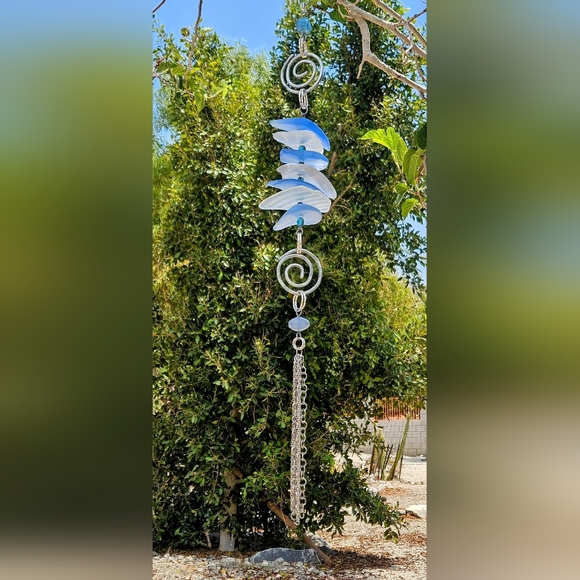 Artisan Other - Hand Crafted Vintage clear/ blue glass with hammered stainless and silver chain